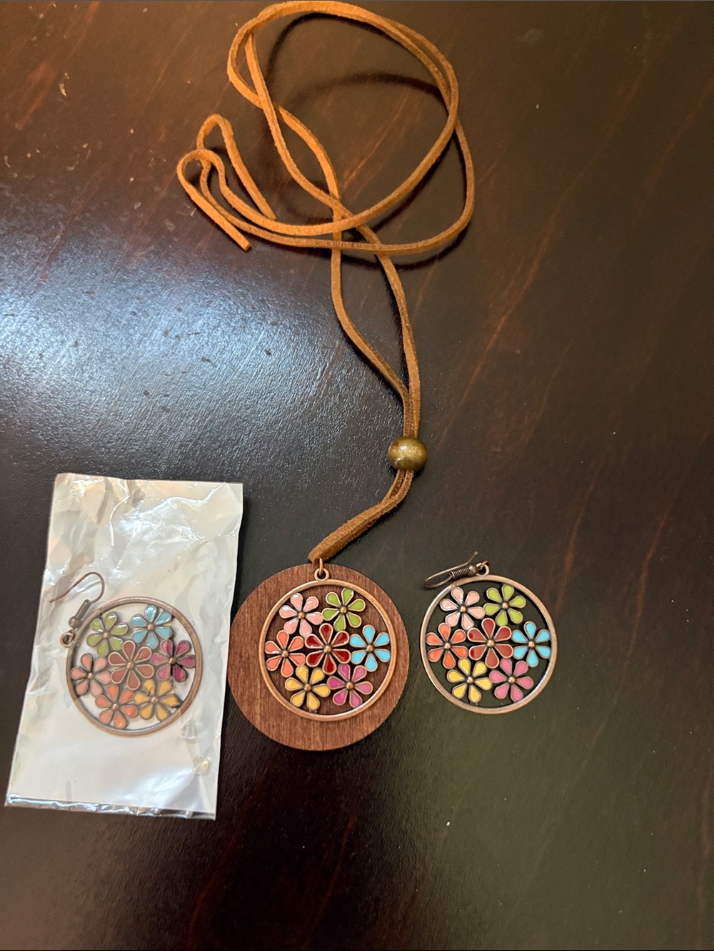 Boho Multi-Color Floral Pendant Necklace & Earring Set